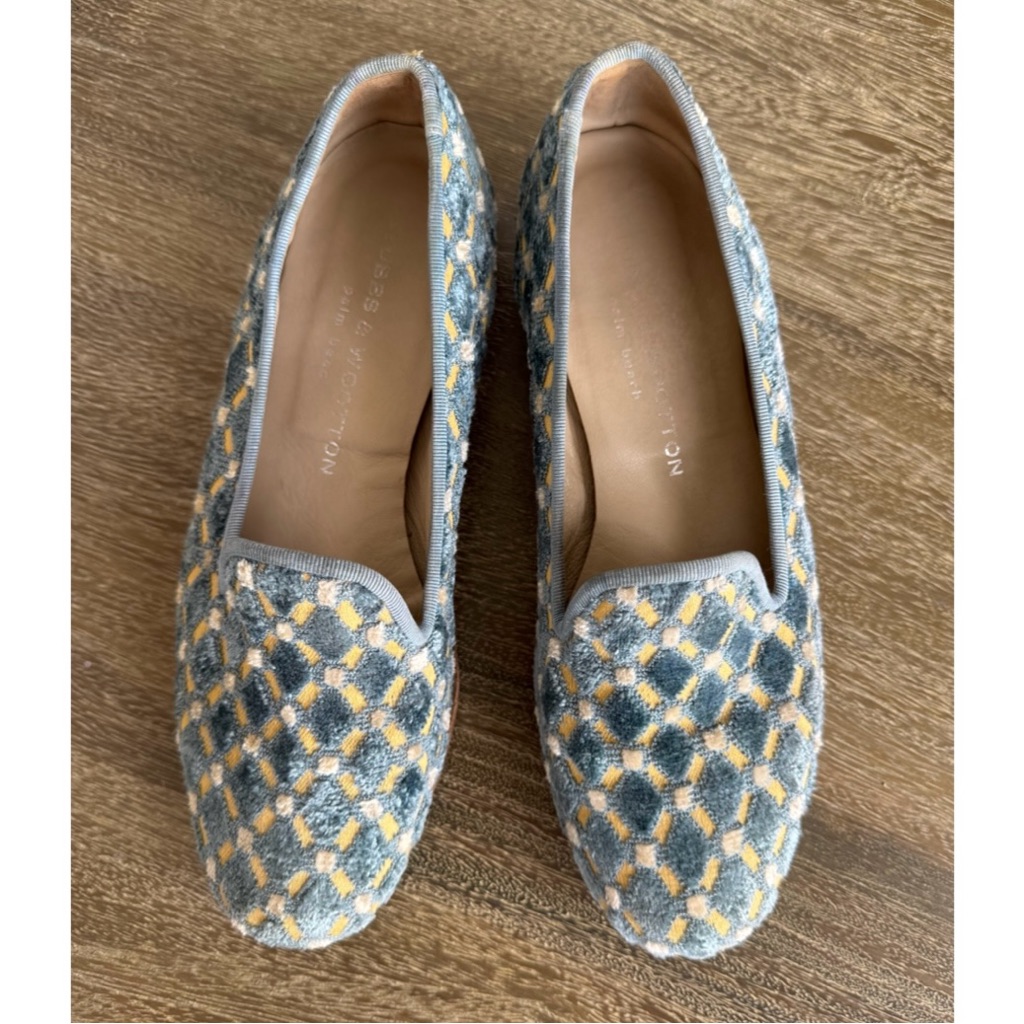 Stubbs & Wootton Velvet Geometric Slippers Loafers Blue Size 6.5